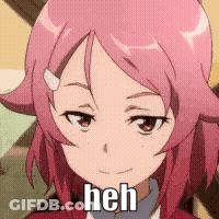 A Close Up Of A Pink Haired Anime Girl With The Word  Heh On Her Face . GIF