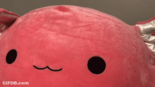 A Close Up Of A Pink Stuffed Animal With A Black Circle In The Middle GIF