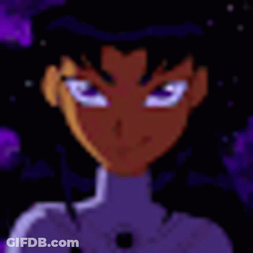 A Close Up Of A Pixel Art Of A Person 'S Face With A Purple Background . GIF