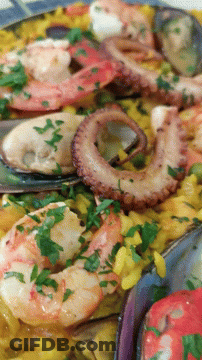 A Close Up Of A Plate Of Food With Shrimp Octopus Mussels And Rice GIF