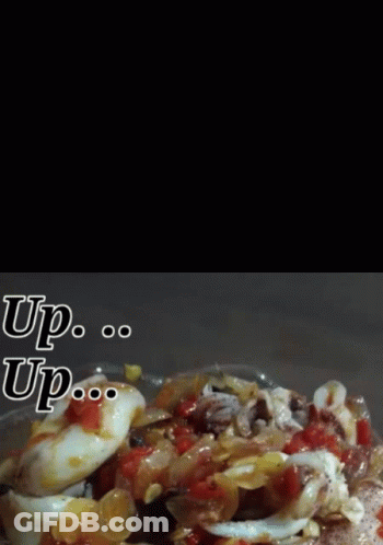 A Close Up Of A Plate Of Food With The Words " Up ... Up " Written On The Bottom GIF
