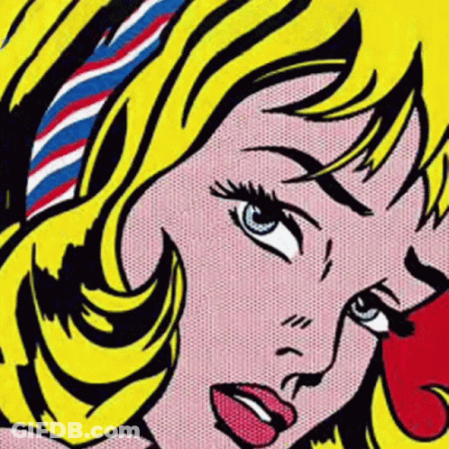 A Close Up Of A Pop Art Painting Of A Woman 'S Face With A Headband On Her Head . GIF