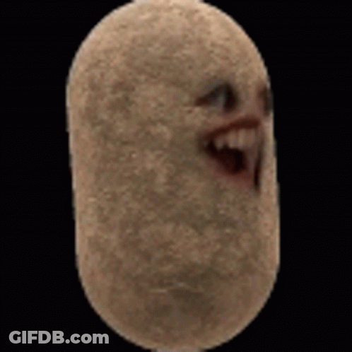 A Close Up Of A Potato With A Beard And A Smile On Its Face . GIF