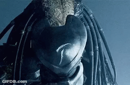 A Close Up Of A Predator 'S Head With Dreadlocks And A Helmet . GIF