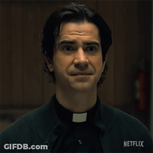 A Close Up Of A Priest 'S Face With Netflix Written On The Bottom GIF