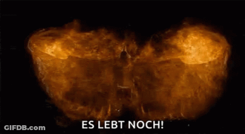 A Close Up Of A Pumpkin With A Face On It And The Words `` Es Lebt Noch '' Written Below It . GIF