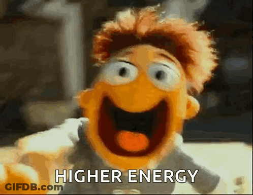 A Close Up Of A Puppet With Its Mouth Open And The Words Higher Energy Written Below It . GIF