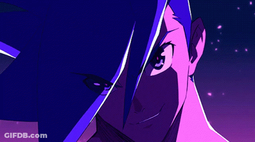 A Close Up Of A Purple And Blue Anime Character GIF