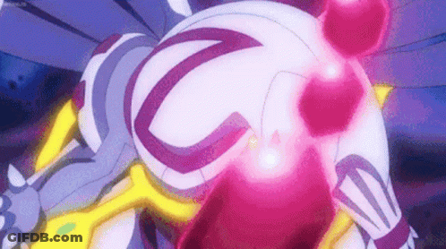 A Close Up Of A Purple And White Cartoon Character With A Pink Light Coming Out Of His Chest . GIF