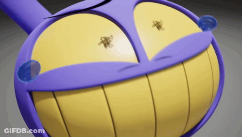 A Close Up Of A Purple And Yellow Cartoon Character 'S Face GIF