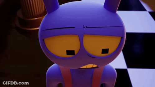 A Close Up Of A Purple Cartoon Character On A Checkerboard Floor GIF