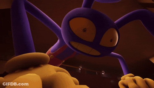 A Close Up Of A Purple Cartoon Character With A Yellow Face GIF