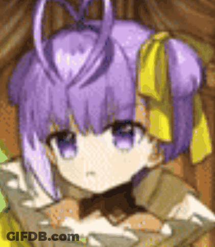 A Close Up Of A Purple Haired Anime Girl With A Yellow Bow On Her Hair . GIF
