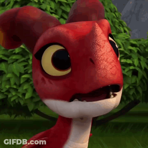 A Close Up Of A Red And White Cartoon Dragon With A Surprised Look On His Face . GIF