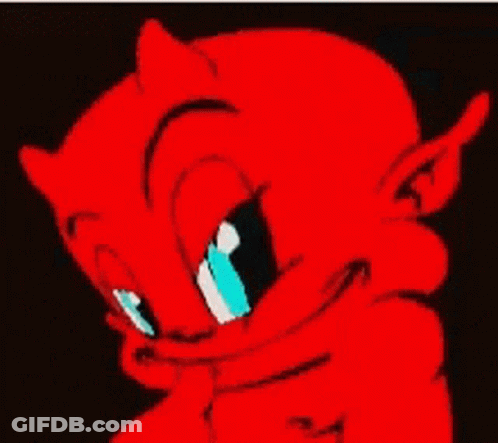 A Close Up Of A Red Cartoon Devil With Blue Eyes GIF