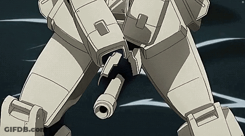 A Close Up Of A Robot 'S Legs With A Cannon Coming Out Of It . GIF