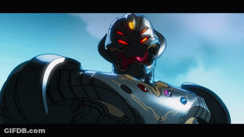 A Close Up Of A Robot With Red Eyes And A Blue Sky In The Background GIF