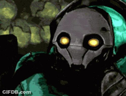 A Close Up Of A Robot With Yellow Eyes And A Green Hood GIF