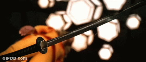 A Close Up Of A Samurai Sword With The Letter C On It GIF