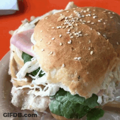 A Close Up Of A Sandwich On A Plate With Sesame Seeds On It GIF