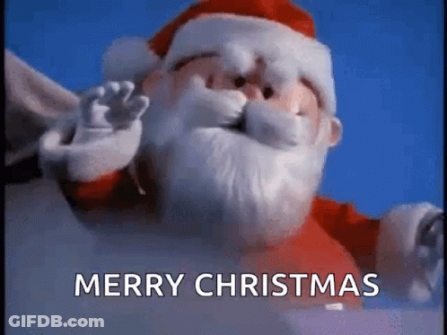 A Close Up Of A Santa Claus Statue With The Words Merry Christmas Written In The Background . GIF