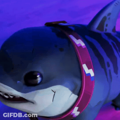 A Close Up Of A Shark With A Purple Lightning Bolt On Its Collar GIF