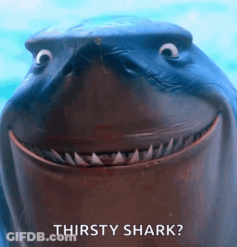 A Close Up Of A Shark With The Words " Thirsty Shark " Above It GIF