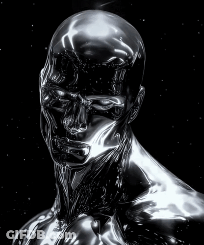 A Close Up Of A Silver Statue With A Dark Background GIF