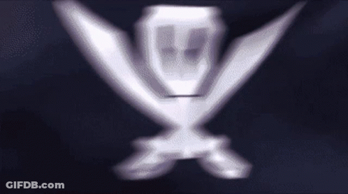 A Close Up Of A Skull And Crossed Swords On A Dark Background GIF