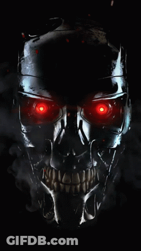 A Close Up Of A Skull With Red Eyes On A Black Background GIF