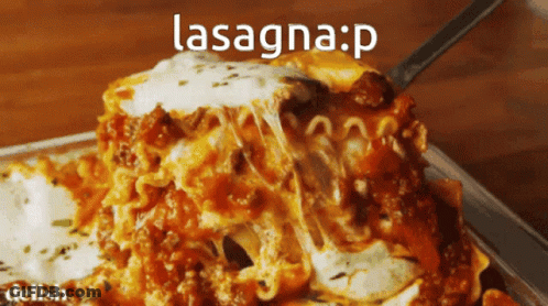 A Close Up Of A Slice Of Lasagna With The Word Lasagna Written Above It GIF