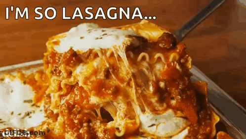 A Close Up Of A Slice Of Lasagna With The Words I 'M So Lasagna GIF