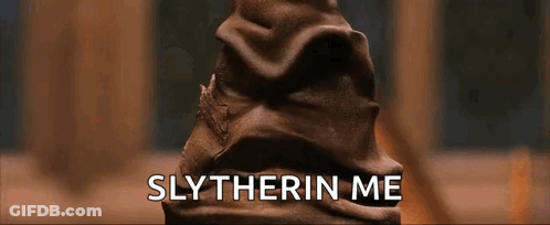 A Close Up Of A Slytherin Hat With The Words Slytherin Me Written Below It GIF