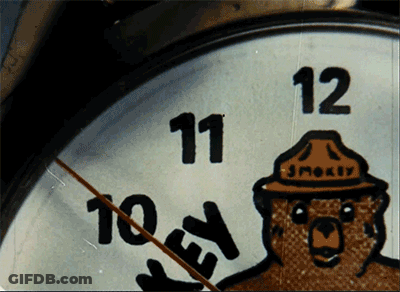 A Close Up Of A Smokey The Bear Clock Showing The Time As 10:11 GIF