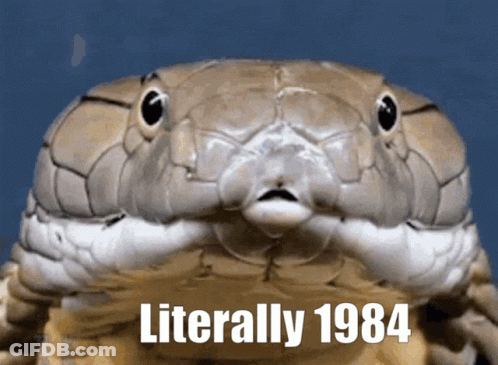 A Close Up Of A Snake 'S Face With The Words Literally 1984 Below It GIF