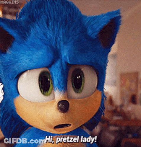 A Close Up Of A Sonic The Hedgehog Saying " Hi Pretzel Lady " GIF