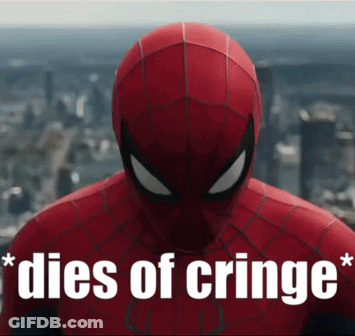 A Close Up Of A Spider Man With The Words Dies Of Cringe Written Below Him GIF