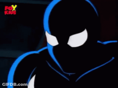 A Close Up Of A Spiderman Cartoon Character In A Black And Blue Suit . GIF
