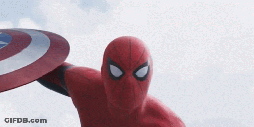 A Close Up Of A Spiderman Holding A Captain America Shield In His Hand . GIF