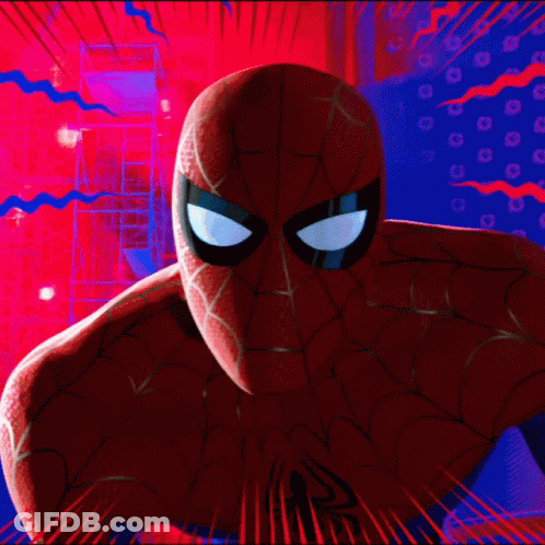 A Close Up Of A Spiderman 'S Face With A Red Background GIF