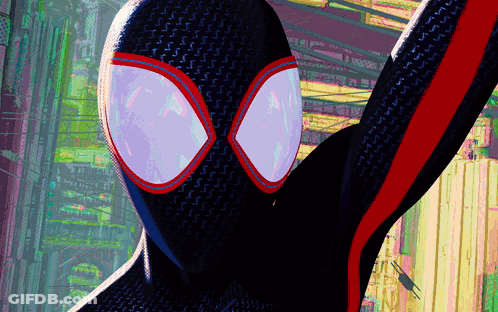 A Close Up Of A Spiderman 'S Face With A Red Stripe On The Sleeve GIF