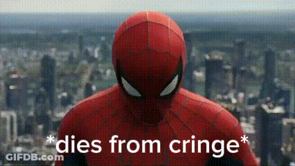 A Close Up Of A Spiderman Standing In Front Of A City With The Words `` Dies From Cringe '' Written Below Him . GIF