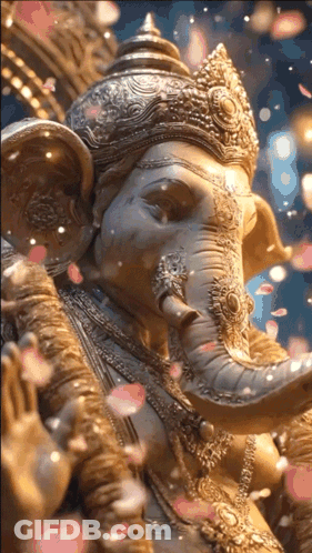 A Close Up Of A Statue Of An Elephant With Petals Falling Around Him GIF