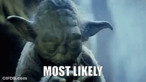 A Close Up Of A Statue Of Yoda With The Words `` Most Likely '' Written Above Him . GIF
