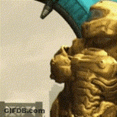 A Close Up Of A Statue With A Building In The Background With The Letter X On It GIF