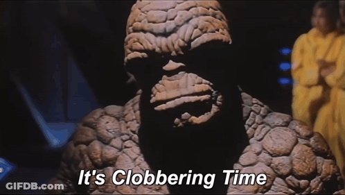 A Close Up Of A Statue With The Words It 'S Clobbering Time On It GIF