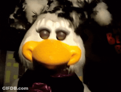 A Close Up Of A Stuffed Animal With A Yellow Beak And Eyes GIF