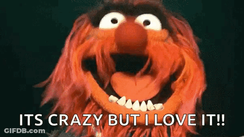 A Close Up Of A Stuffed Animal With Its Mouth Open And The Words `` Its Crazy But I Love It '' . GIF