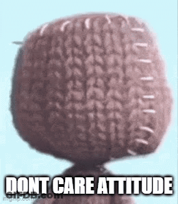 A Close Up Of A Stuffed Animal With The Words `` Do N't Care Attitude '' Written On It . GIF