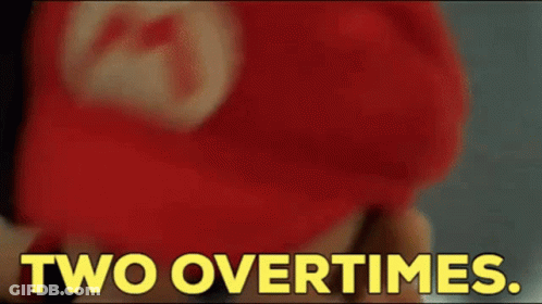 A Close Up Of A Stuffed Animal With The Words Two Overtimes In Yellow Letters GIF